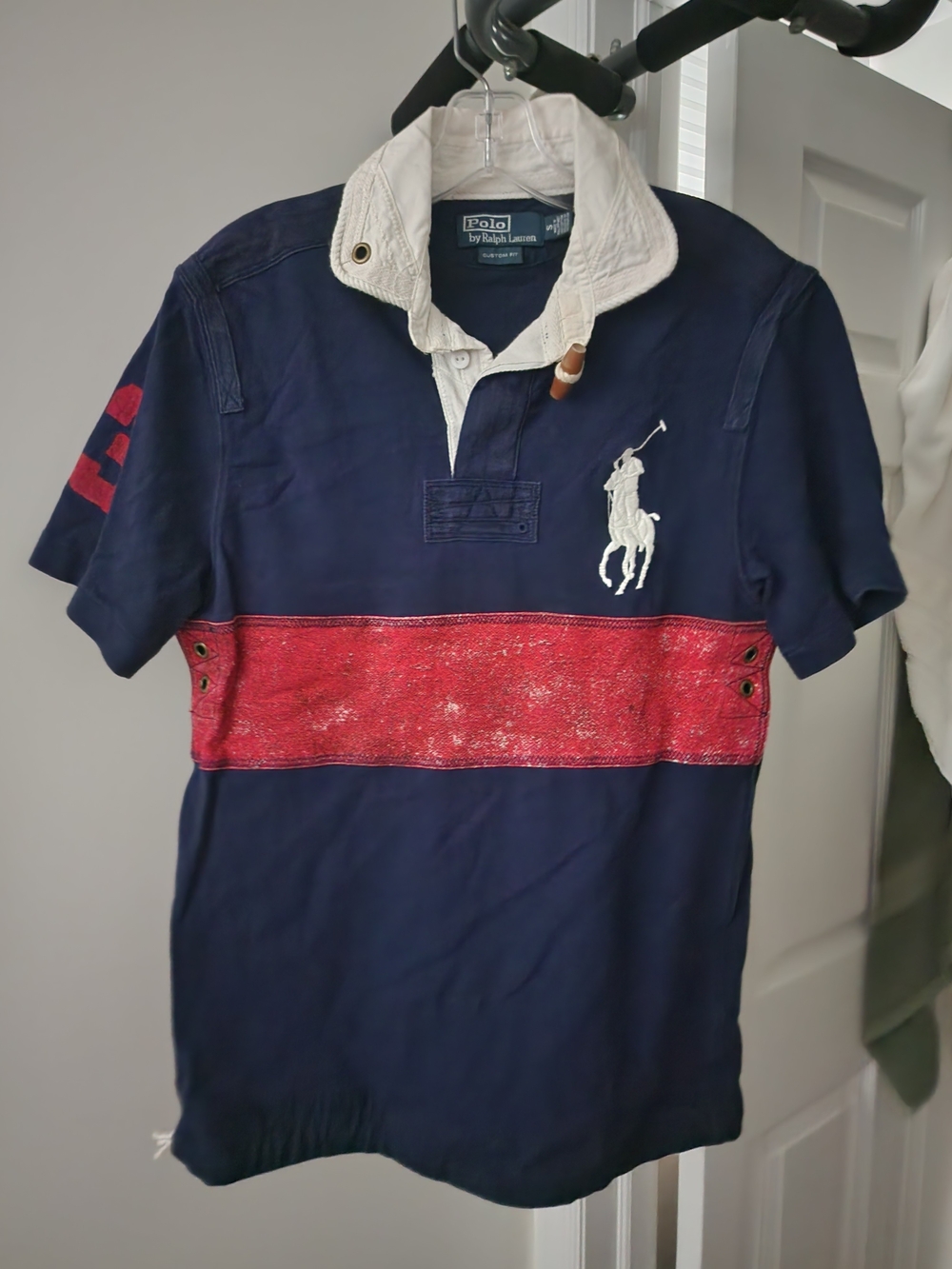 Authentic Ralph Lauren Navy  Polo with Red Chest Loos Fade & White Collar
